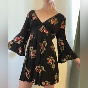 Bell Sleeve Black Floral Flare Mini Dress